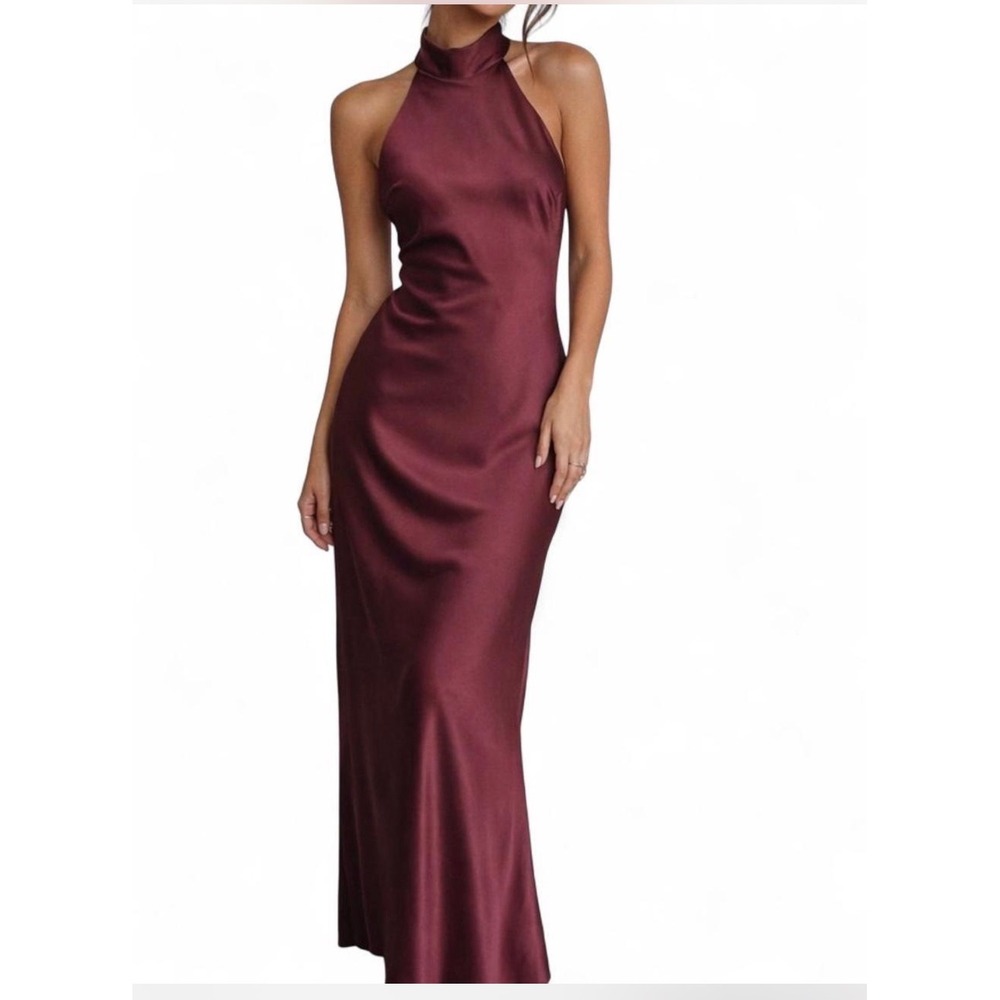 WAYF Halter Maxi Dress‎ Womens L Merlot Satin Bow Back Wedding Guest Formal Gown